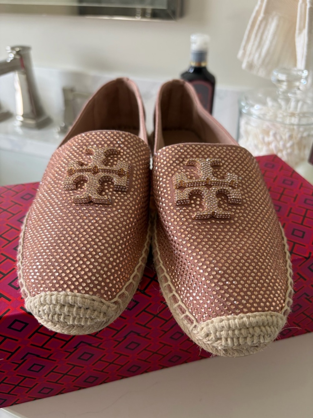 Tory Burch Blush Rose Gold Crystal Espadrille Flats